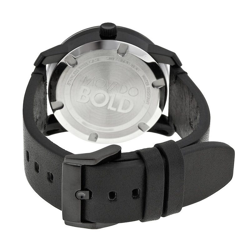 Movado Bold Black Dial Green Hands Black Leather Strap Men's Quartz Watch #3600273 - Watches of America #3