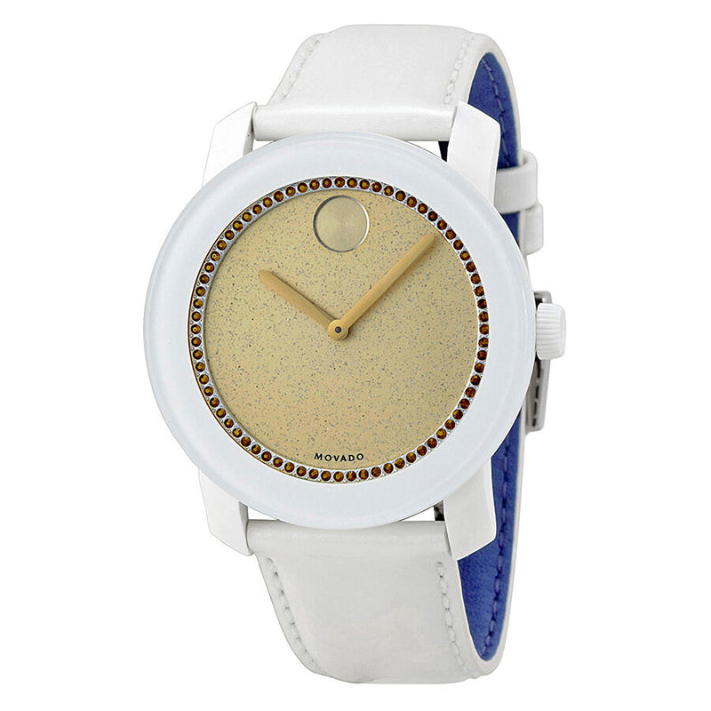 Movado Bold Gold Crystal White Leather Ladies Watch #3600220 - Watches of America