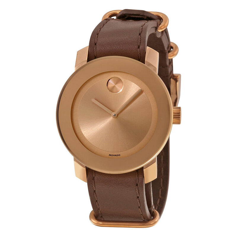 Movado Bold Rose Gold Dial Brown Leather Unisex Watch #3600364 - Watches of America