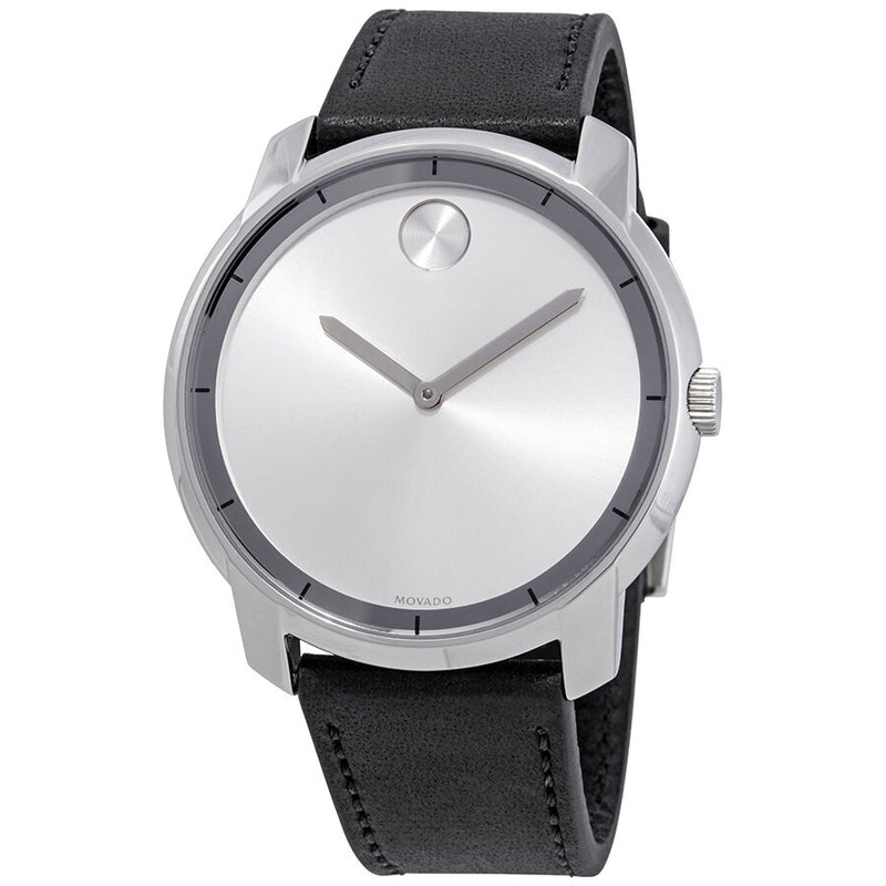 Movado Bold Silver Dial Men's Black Leather Watch #3600468 - Watches of America