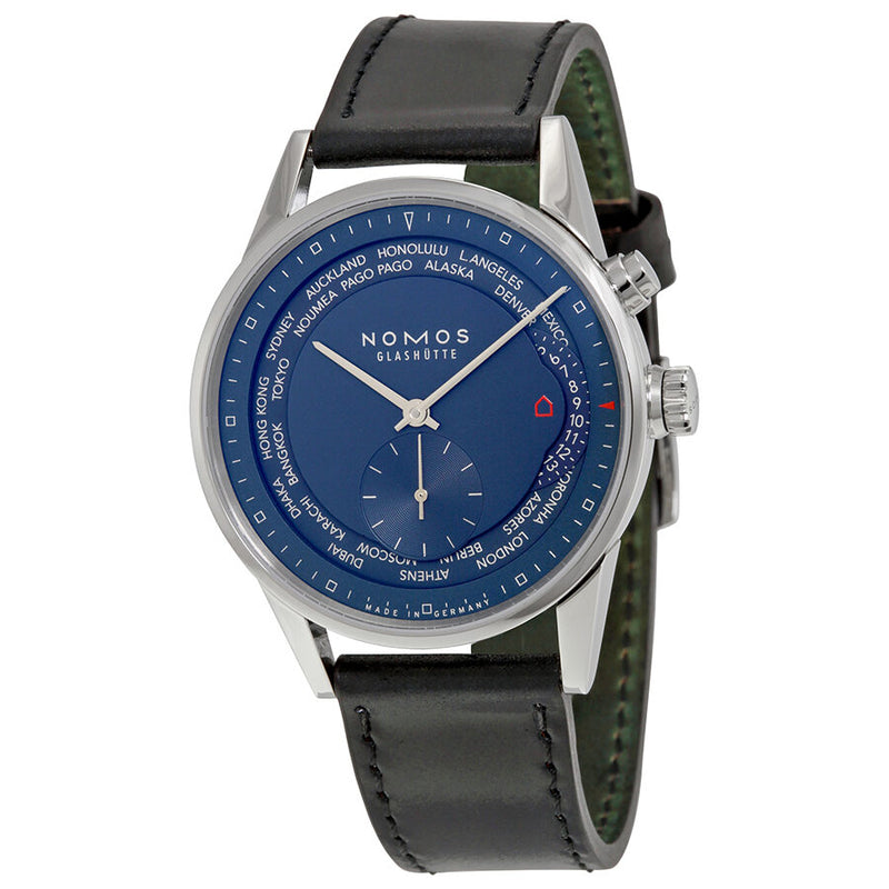 Nomos Zurich Weltzeit Nachtblau Blue Dial Black Leather Men's Watch #807 - Watches of America