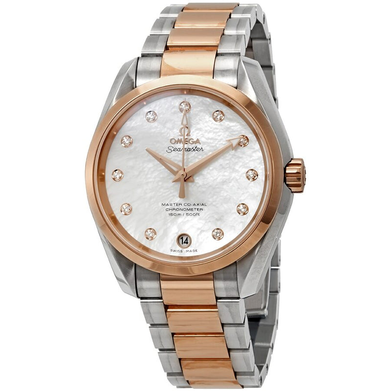 Omega Seamaster Aqua Terra Mother of Pearl Diamond Dial Steel and 18K Rose Gold Ladies Watch #23120392155003 - Watches of America