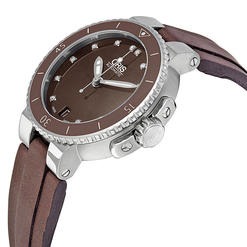 Oris Aquis Date Diamonds Brown Dial Brown Textile Ladies Watch #01 733 7652 4192-07 5 18 12FC - Watches of America #2