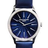 Patek Philippe Calatrava Blue Dial Diamond 18kt White Gold Ladies Watch #4897G-001 - Watches of America
