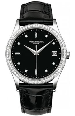 Patek Philippe Calatrava Matt Black Dial Automatic Men's Diamond Watch #5297G - Watches of America