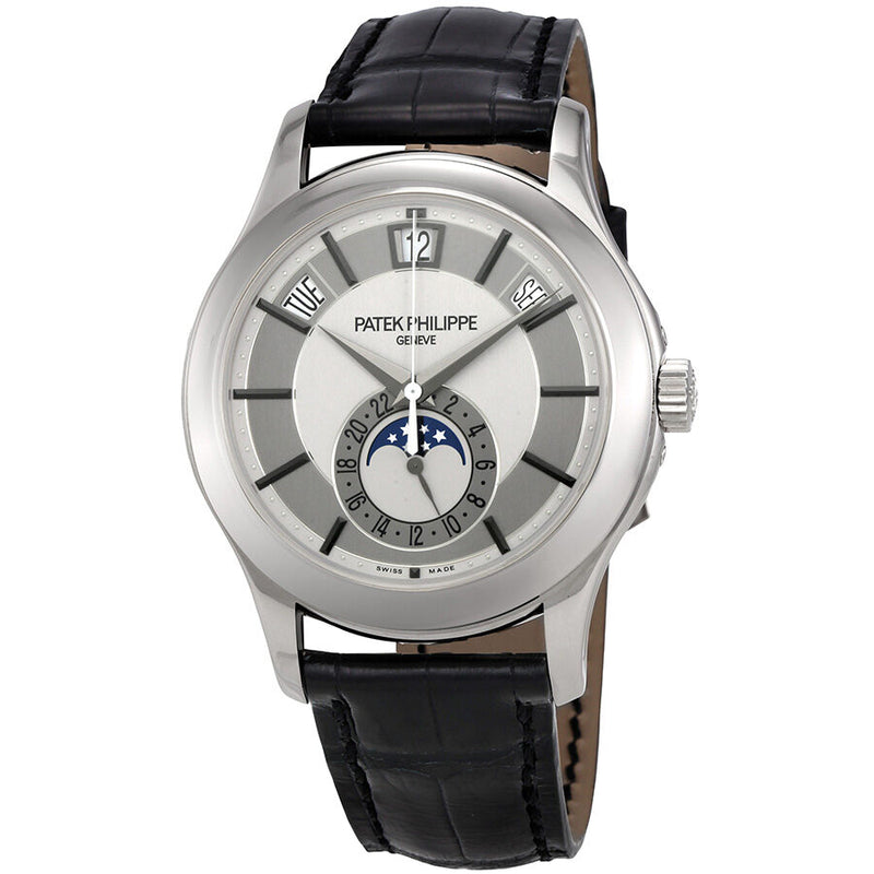 Patek Philippe Complications Grey Dial 18k White Gold Black Leather Men's Watch #5205G-001 - Watches of America