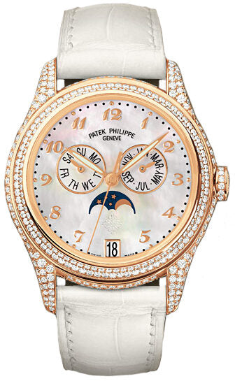 Patek Philippe Complications Mother of Pearl 18kt Rose Gold Diamond Leather Ladies Watch #4937R - Watches of America