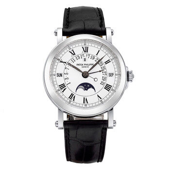 Patek Philippe Perpetual Calendar Silver Dial 18kt White Gold Black Leather Men's Watch #5059G - Watches of America