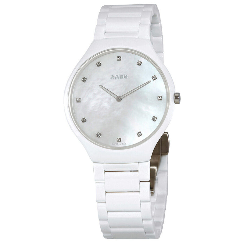 Rado True Thinline Mother of Pearl Dial White Ceramic Ladies Watch #R27957912 - Watches of America