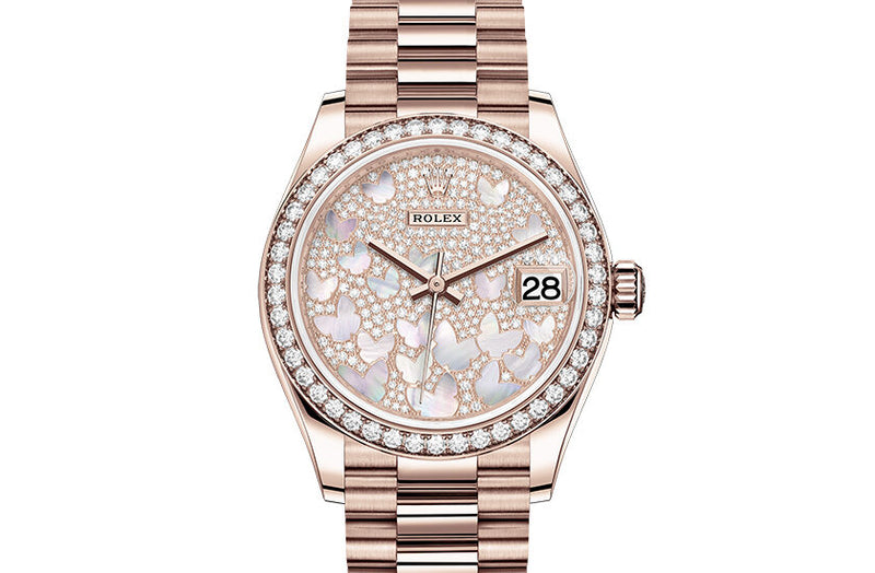 Rolex Datejust 31 Automatic Mother of Pearl Butterfly Diamond Pave Dial Ladies 18 ct Everose Gold President Watch #278285PAVEP - Watches of America