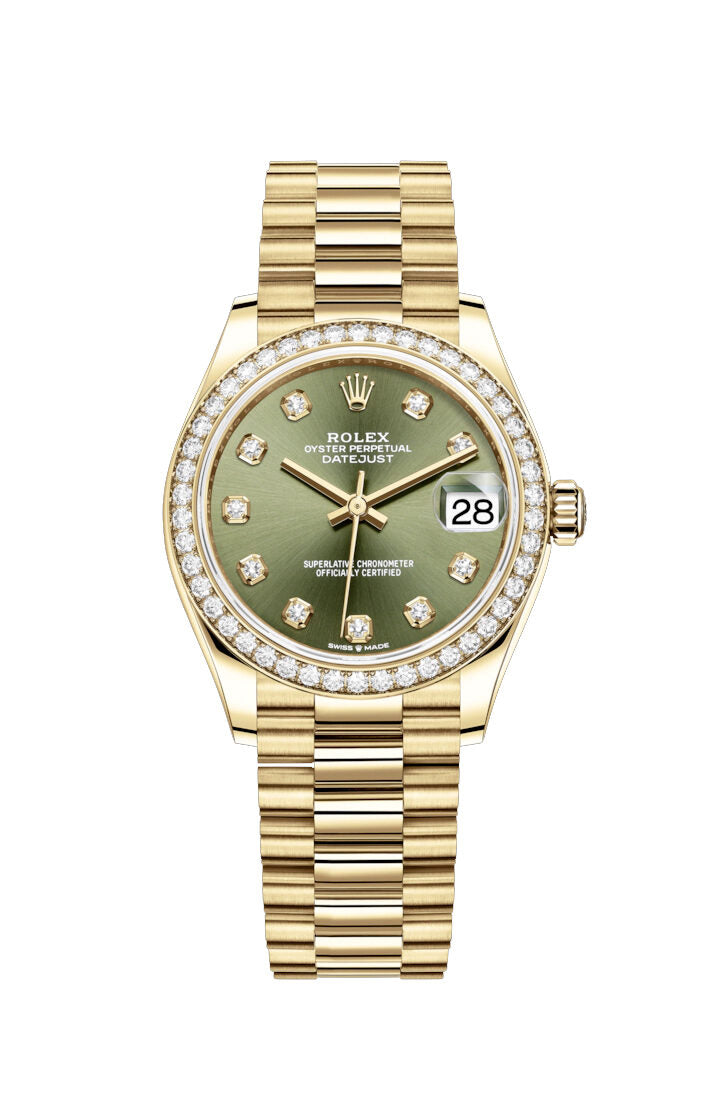 Rolex Datejust 31 Olive Green Diamond Dial Ladies 18kt Yellow Gold President Watch #278288GNDP - Watches of America