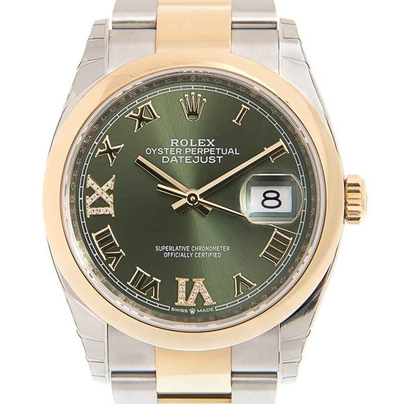 Rolex Datejust 36 Olive Green Diamond Dial Men's Steel and 18k Yellow Gold Oyster Watch #126203GNRDO - Watches of America