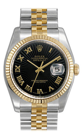 Rolex Oyster Perpetual Datejust 36 Black Sunburst Dial Stainless Steel and 18K Yellow Gold Jubilee Bracelet Automatic Men's Watch 116233BKSBRJ#116233-BKSBRJ - Watches of America