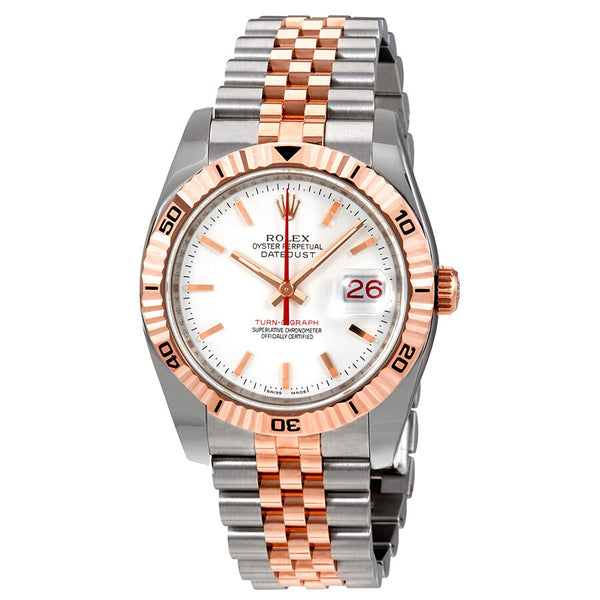 Rolex Datejust White Index Dial 18k Rose Gold Turn-o-Graph Bezel Jubilee Bracelet Men's Watch #116261WSJ - Watches of America