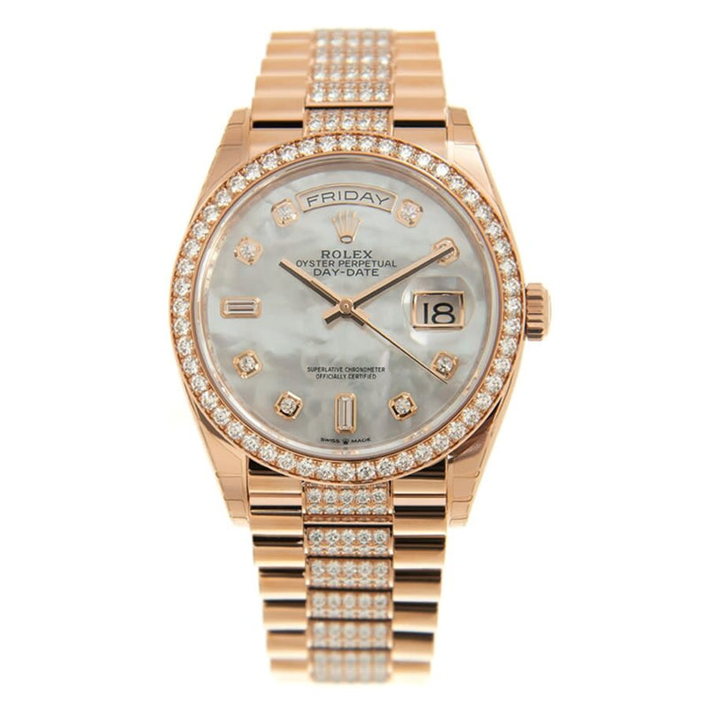 Rolex Day-Date 36 Mother of Pearl Dial 18kt Everose Gold Diamond Set President Watch #128345MDDP - Watches of America #3