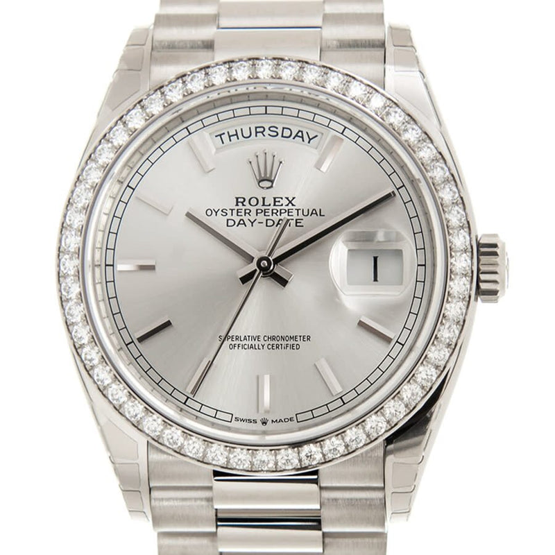 Rolex Day-Date 36 Silver Dial 18kt White Gold President Watch #128349SSP - Watches of America