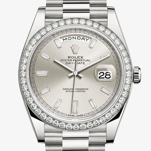 Rolex Day Date 40 Automatic Silver Diamond Dial Men's 18kt White Gold President Watch #228349SDP - Watches of America