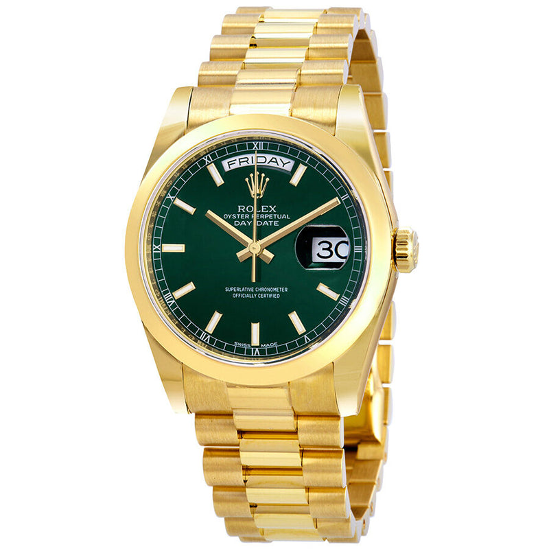 Rolex Day Date Reloj automatico para hombre con esfera verde y oro amarillo de 18 quilates 118208GNSP Watches of America