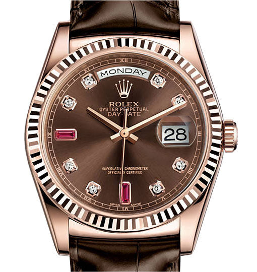 Rolex Day-Date Chocolate Brown Diamond and Ruby Dial Leather Automatic Men's Watch #118135CDL - Watches of America