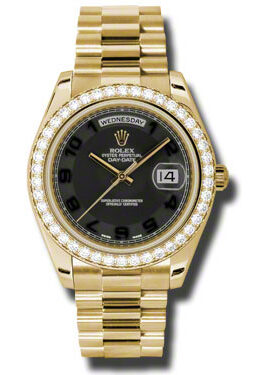 Rolex Day-Date II Black Concentric Dial 18K Yellow Gold President Automatic Men's Watch #218348BKCAP - Watches of America