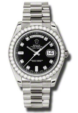 Rolex Day-Date II Black Dial 18K White Gold President Automatic Men's Watch #218349BKDP - Watches of America