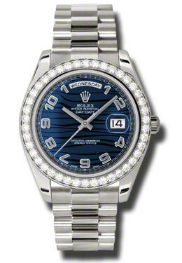 Rolex Day-Date II Blue Wave Dial 18K White Gold President Automatic Men's Watch #218349BLWAP - Watches of America