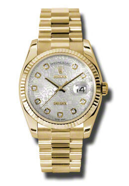 Rolex Day-Date Silver Dial 18K Yellow Gold President Automatic Men's Watch #118238SJDP - Watches of America