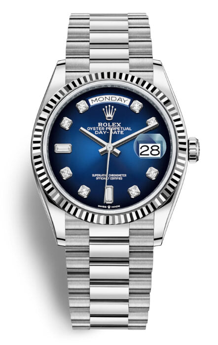 Rolex Day-Date 36 Automatic Blue Diamond Dial 18kt White Gold President Watch #128239BLDP - Watches of America