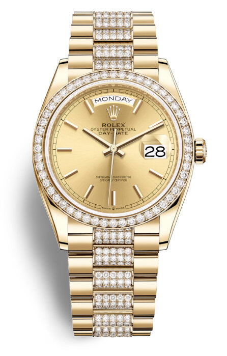 Rolex Day-Date 36 Automatic Champagne Dial 18kt Yellow Gold Diamond Set President Watch #128348CSDP - Watches of America