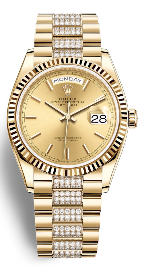 Rolex Day-Date 36 Champagne Dial 18kt Yellow Gold Diamond-Set President Watch #128238CSDP - Watches of America