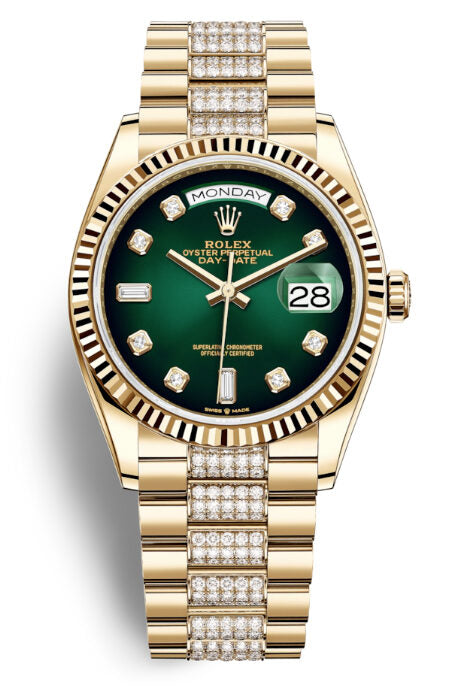 Rolex Day-Date 36 Green Dial 18kt Yellow Gold Diamond-Set President Watch #128238GNDDP - Watches of America