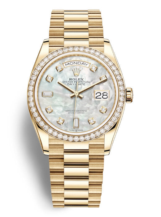 Rolex Day-Date 36 Mother of Pearl Dial 18kt Yellow Gold President Watch #128348MDP - Watches of America