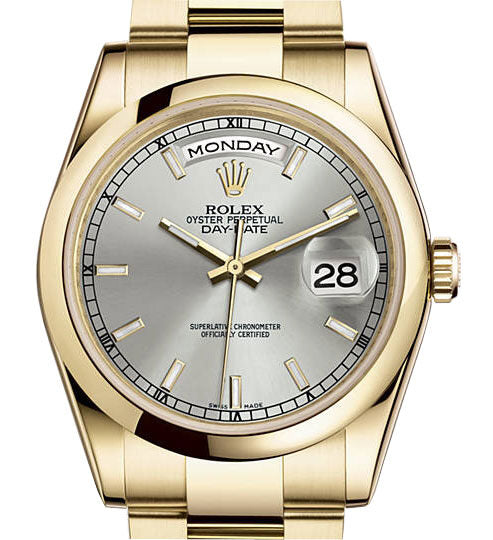 Rolex Day-Date Silver Dial 18K Yellow Gold Oyster Bracelet Automatic Men's Watch #118208SSO - Watches of America