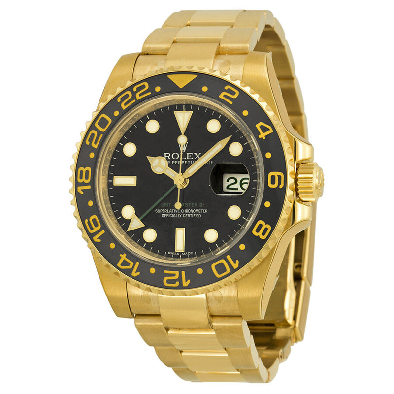 Rolex GMT Master II Black Dial 18K Yellow Gold Oyster Bracelet Automatic Men's Watch 116718BKSO#116718LN - Watches of America