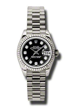 Rolex Lady-Datejust 26 Black Dial 18K White Gold President Automatic Ladies Watch #179179BKDP - Watches of America