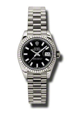 Rolex Lady-Datejust 26 Black Dial 18K White Gold President Automatic Ladies Watch #179179BKSP - Watches of America