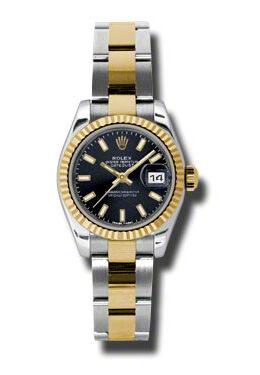 Rolex Lady Datejust 26 Black Dial Stainless Steel and 18K Yellow Gold Oyster Bracelet Automatic Watch #179173BKSO - Watches of America