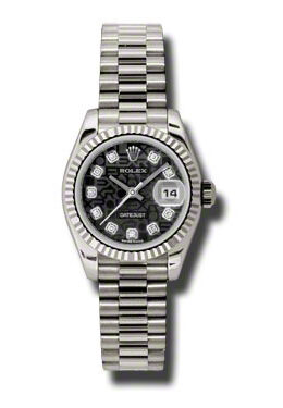 Rolex Lady-Datejust 26 Black Dial 18K White Gold President Automatic Ladies Watch #179179BKJDP - Watches of America