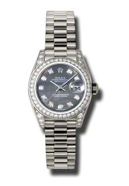 Rolex Lady-Datejust 26 Black Mother Of Pearl Dial 18K White Gold President Automatic Ladies Watch #179159BKMDP - Watches of America