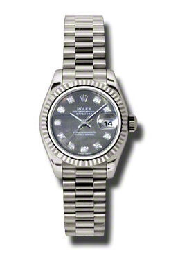 Rolex Lady-Datejust 26 Black Mother Of Pearl Dial 18K White Gold President Automatic Ladies Watch #179179BKMDP - Watches of America