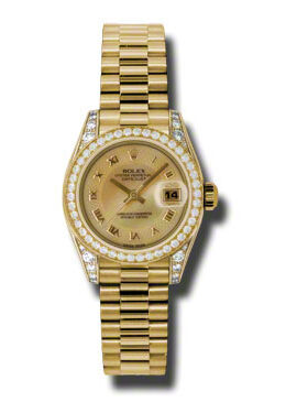 Rolex Lady-Datejust 26 Champagne Decorated Mother Of Pearl Dial 18K Yellow Gold President Automatic Ladies Watch #179158CMRP - Watches of America