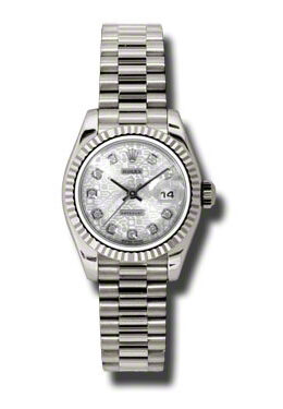 Rolex Lady-Datejust 26 Silver Dial 18K White Gold President Automatic Ladies Watch #179179SJDP - Watches of America