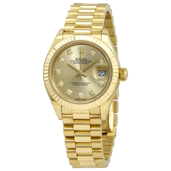 Rolex Lady-Datejust 28 Champagne Dial 18K Yellow Gold President Automatic Ladies Watch #279178CDP - Watches of America