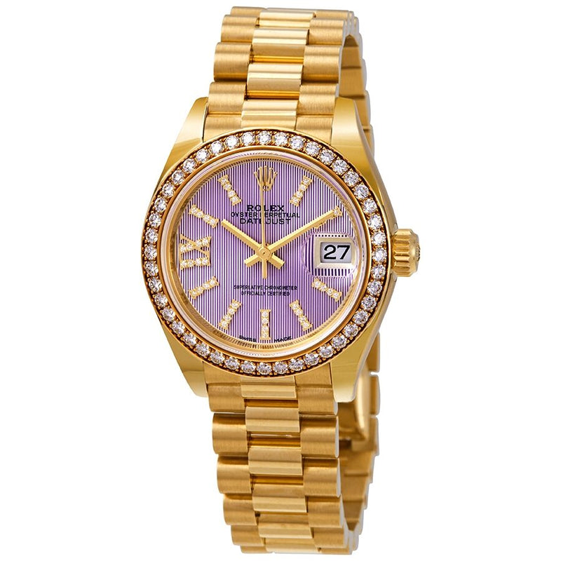 Rolex Lady-Datejust 28 Liliac Dial 18K Yellow Gold President Automatic Ladies Watch #279138LISRDP - Watches of America