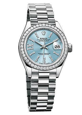 Rolex Lady-Datejust 28 Ice Blue Dial Platinum President Automatic Ladies Watch #279136IBLSRDP - Watches of America