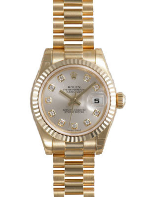 Rolex Lady-Datejust 26 Silver Dial 18K Yellow Gold President Automatic Ladies Watch #179178SDP - Watches of America