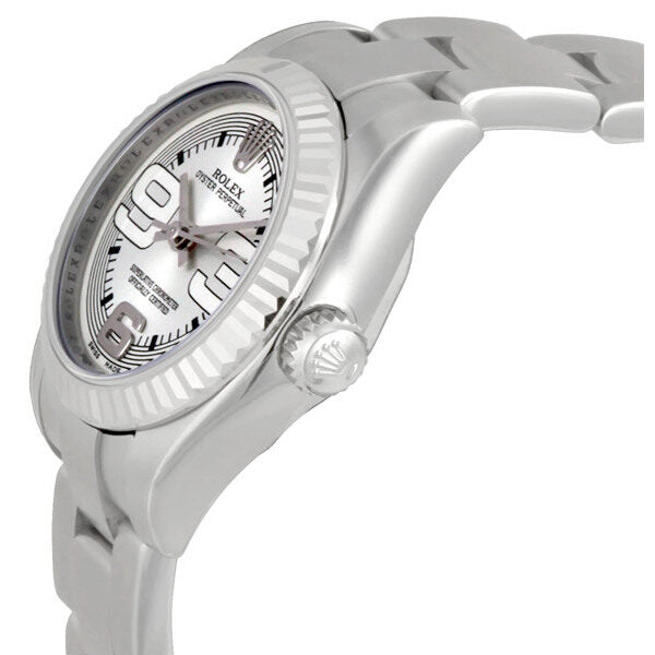 Rolex Lady Oyster Perpetual Silver Maxi Dial Fluted 18k White Gold Bezel Ladies Watch #176234SMAXI - Watches of America #2