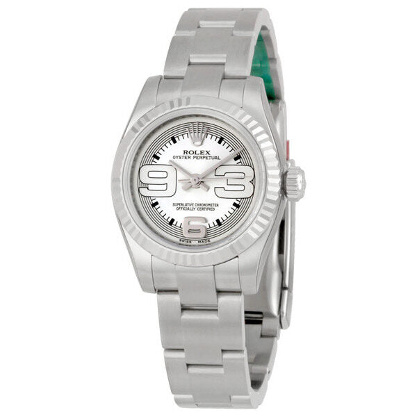 Rolex Lady Oyster Perpetual Silver Maxi Dial Fluted 18k White Gold Bezel Ladies Watch #176234SMAXI - Watches of America