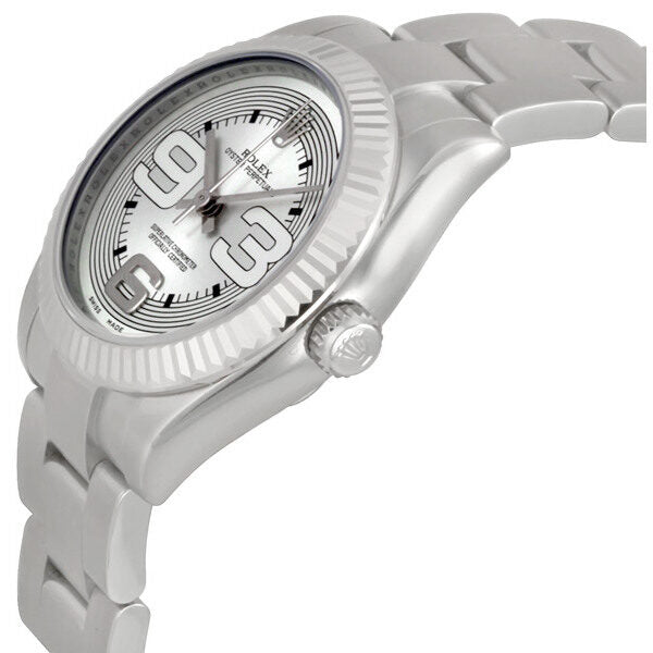 Rolex No Date Silver Dial Oversized Arabic Markers 18k White Gold Fluted Bezel Unisex Watch #177234SMAXI - Watches of America #2