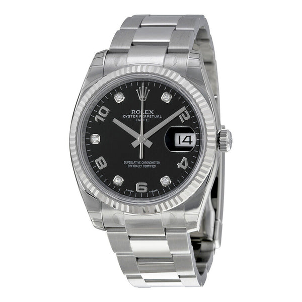 Rolex Oyster Perpetual Date 34 Black Dial Stainless Steel Bracelet Automatic Men's Watch #115234BKADO - Watches of America